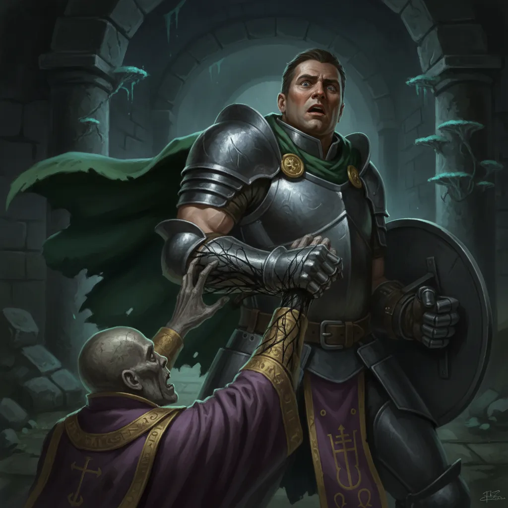 Bancroft recoils in horror as an undead Huecuva priest in rotted purple vestments touches his arm, dark corruption spreading visibly from the contact